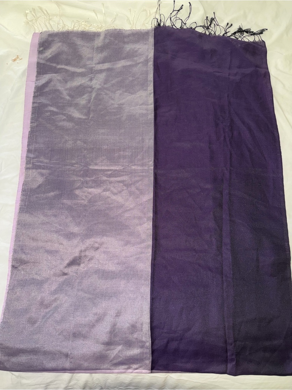 Italian Pure Silk Shawl Wrap Purple‎ Lavender Colorblock Fringe Scarf